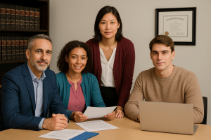 Equipo profesional revisando documentos académicos y legales en oficina moderna